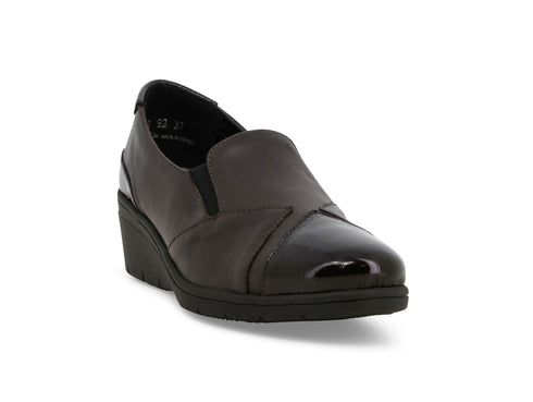 Melluso Comfort Loafers in Brown Leather and Patent Leather with Wedge Heel